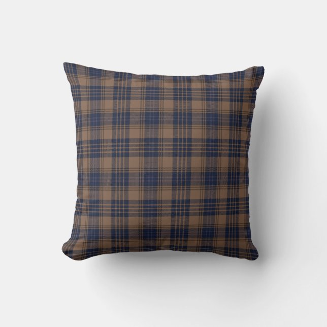Brawn Blue Tartan Kariertes rustikales Muster Kissen (Vorderseite)