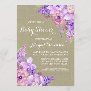 Brawn Burlap Lila Watercolor Blume Babydusche Einladung