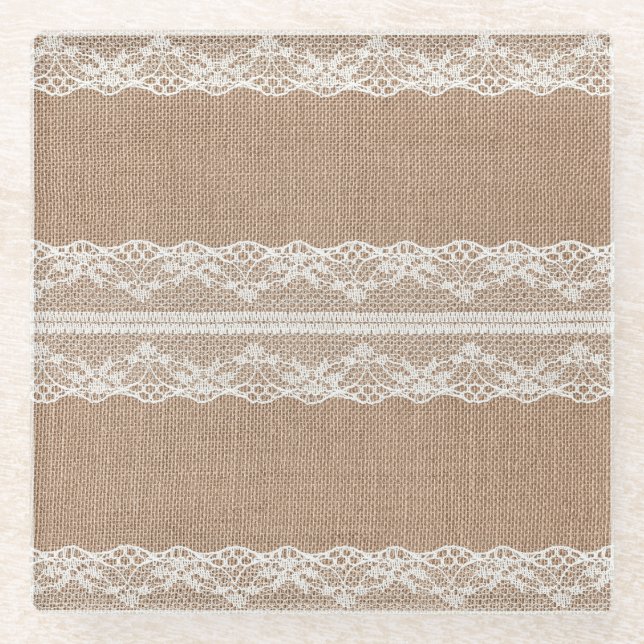 Brawn Burlap Off-White Lace Textur Glasuntersetzer (Vorderseite)
