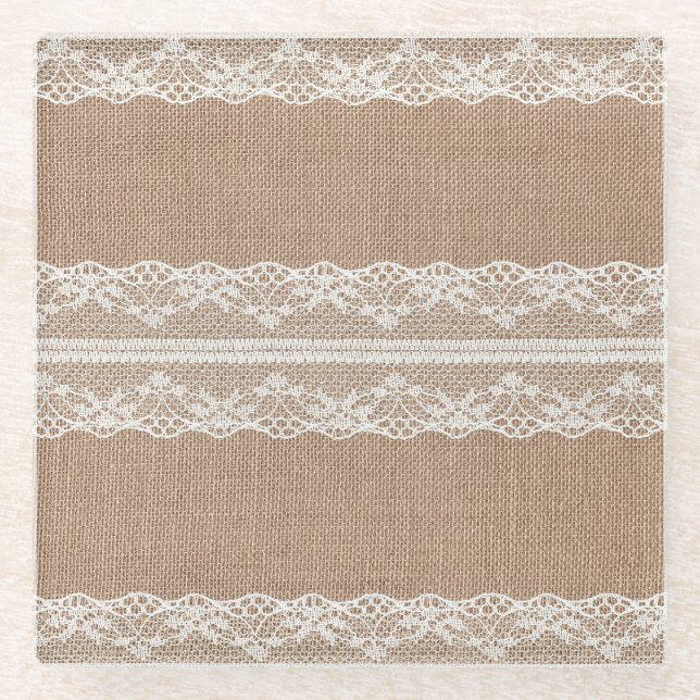 Brawn Burlap Off-White Lace Textur Glasuntersetzer (Vorderseite)