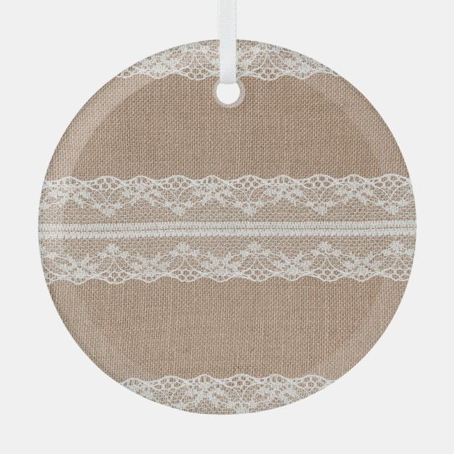 Brawn Burlap Off-White Lace Textur Ornament Aus Glas (Vorderseite)