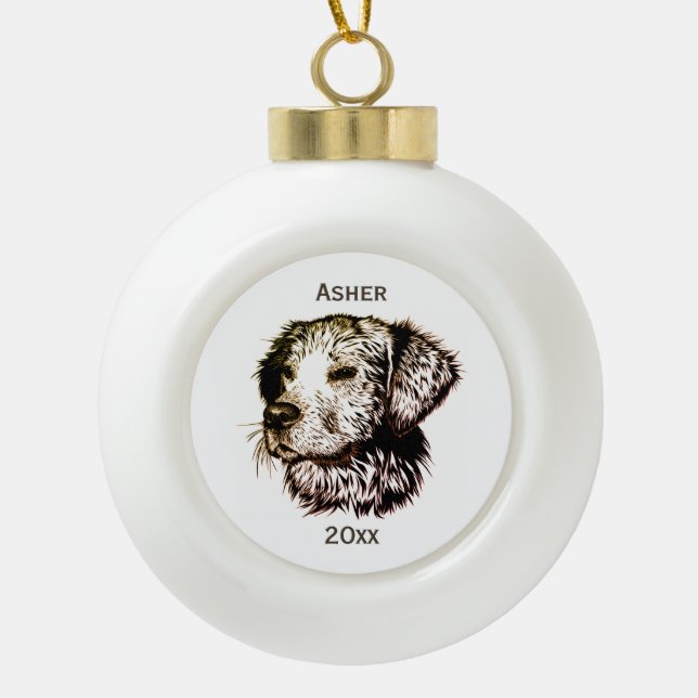 Brawn Canine Head Sketch Name und Jahr Keramik Kugel-Ornament (Vorderseite)