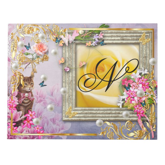 Brawn Cat Blue Butterfly Pink Blume Gold Dekoratio Notizblock (Vorderseite)