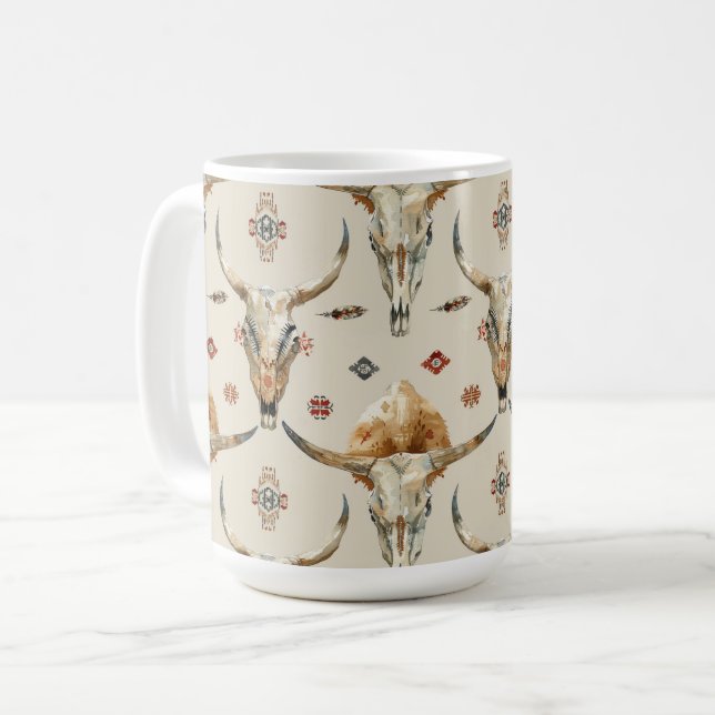 Brawn Cream Tribal Native Feathers Skulls Kaffeetasse (Vorderseite Links)