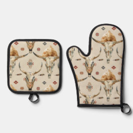 Brawn Cream Tribal Native Feathers Skulls Ofenhandschuh & Topflappen-Set
