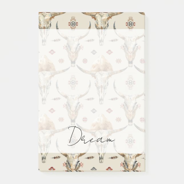 Brawn Cream Tribal Native Feathers Skulls Post-it Klebezettel (Vorderseite)