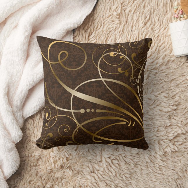 Brawn Damask Gold Wirbel Schnörkel Kissen (Decke)