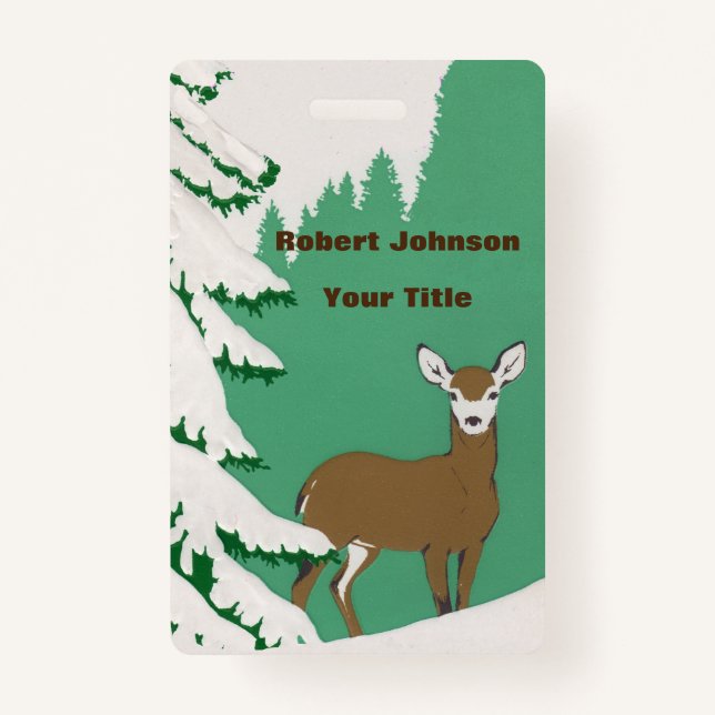 Brawn Doe Deer neben Pine Tree im Schnee Ausweis (Vorderseite)