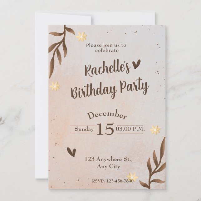 Brawn Floral Blätter Geburtstag Einladung (Vorderseite)