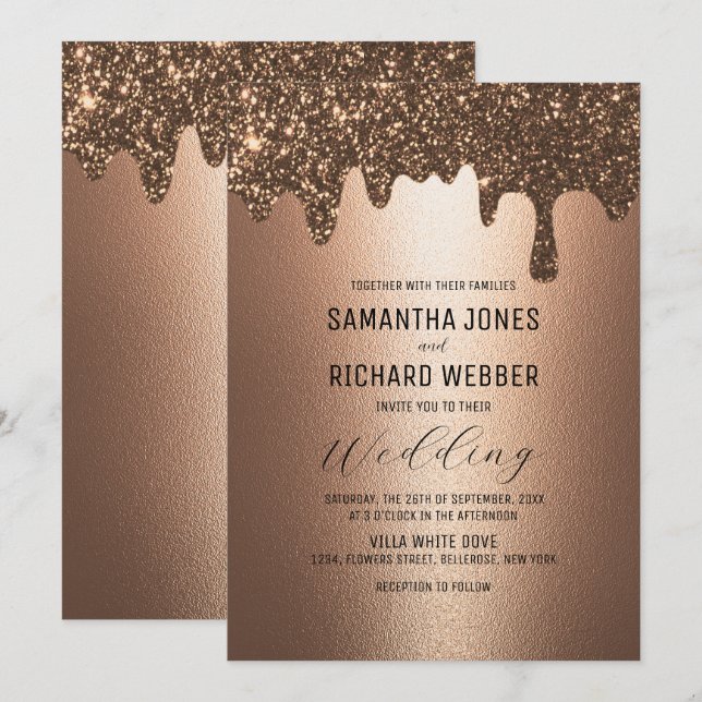 Brawn Gold Dripping Glitzer Metallic Shine Wedding Einladung (Vorne/Hinten)