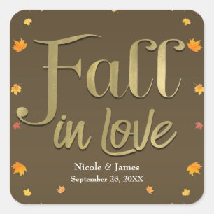 Brawn & Gold-Fall in Liebe Blätter Engagement Part Quadratischer Aufkleber