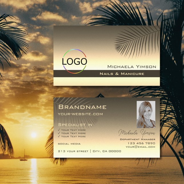 Brawn Gold Gradient Palm Leaf mit Logo und Foto Visitenkarte (Von Creator hochgeladen)