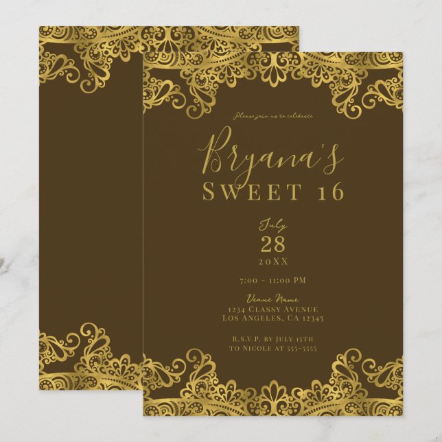 Brawn & Gold Lace Elegant Sweet 16 Party Einladung (Vorne/Hinten)