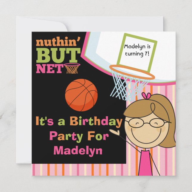Brawn Hair Girl Basketball Geburtstag Einladung (Vorderseite)