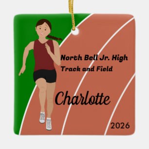 Brawn Hair Track and Field Girl in Maroon Black Keramikornament