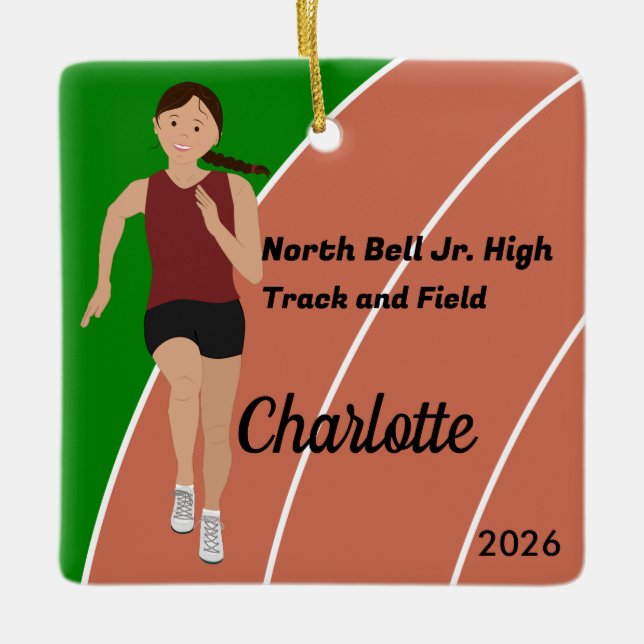Brawn Hair Track and Field Girl in Maroon Black Keramikornament (Vorderseite)