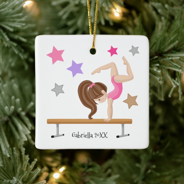Brawn Haired Gymnast Girl Gymnastik Weihnachten Keramikornament (Baum)