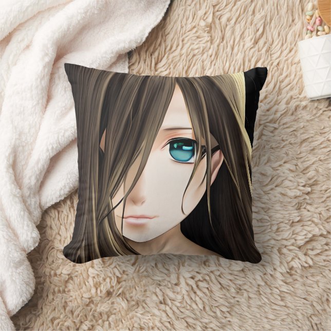 Brawn Hairs Blue Mit Augen Anime Girl Kissen (Decke)