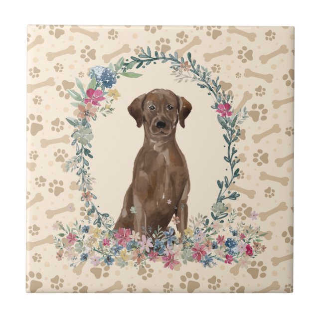 Brawn Labrador Retriever Dow Pw Print Floral Niedl Fliese (Vorderseite)