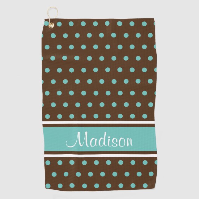 Brawn Light Aquamarin Polka Dot Strip Script Name Golfhandtuch (Vorderseite)