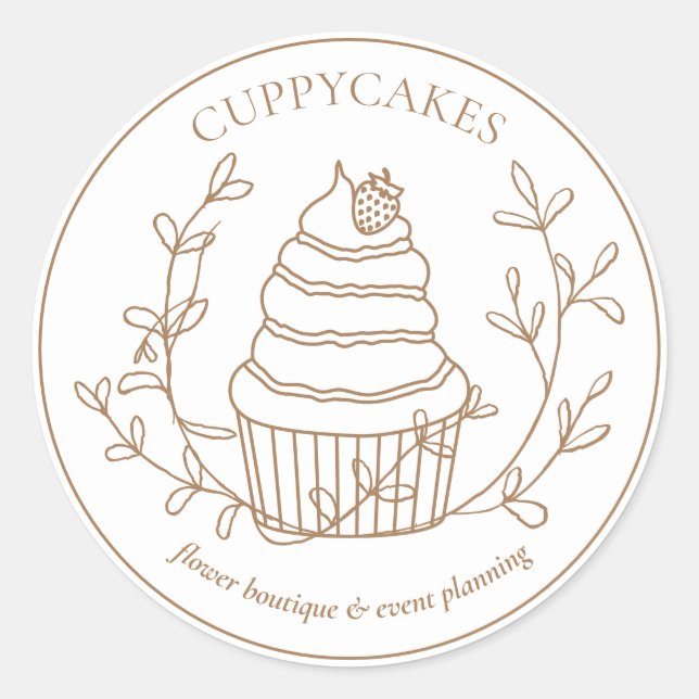 Brawn Minimal Floral Bakery Erdbeere Cupcake Runder Aufkleber (Vorderseite)