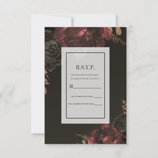 Brawn Moody Dark Floral Gold Greenery UAWG Reply Einladung (Vorderseite)