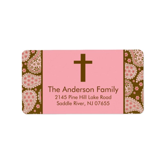 Brawn & Pink Paisley Cross Religious address Label Adressaufkleber (Vorne)