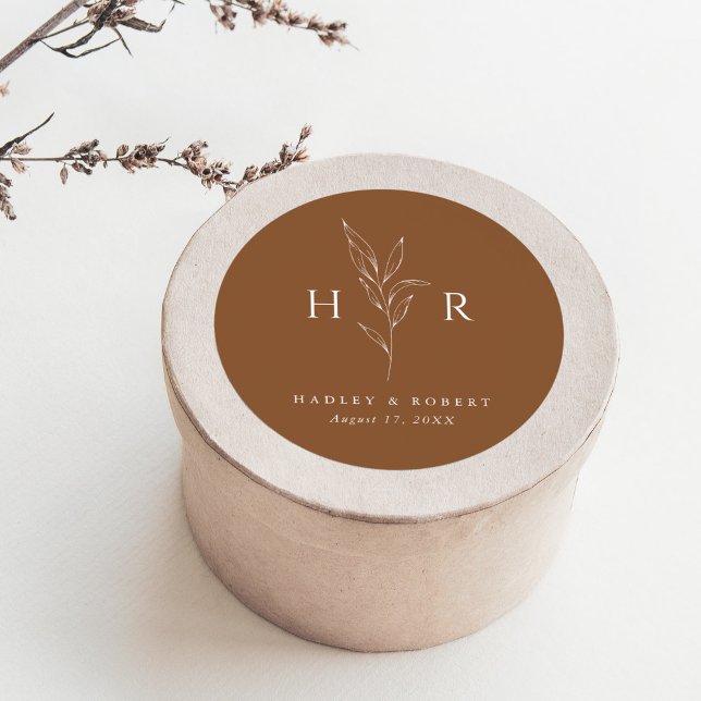 Brawn Simple Minimal Monogram Botanical Wedding Runder Aufkleber (Von Creator hochgeladen)