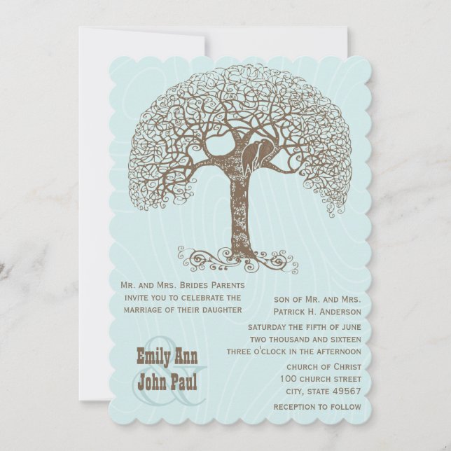Brawn Swirl Rustic Tree Love Bird Woodland Wedding Einladung (Vorderseite)