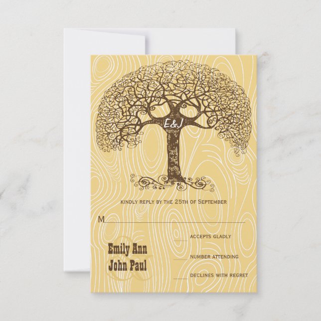 Brawn Swirl Tree Ivory Woodgrain Wedding RSVP Einladung (Vorderseite)