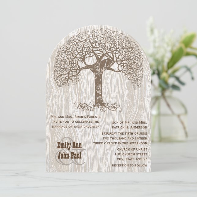 Brawn Tree Love Bird Gelbe Holzkornverheiratung Einladung (Stehend Vorderseite)