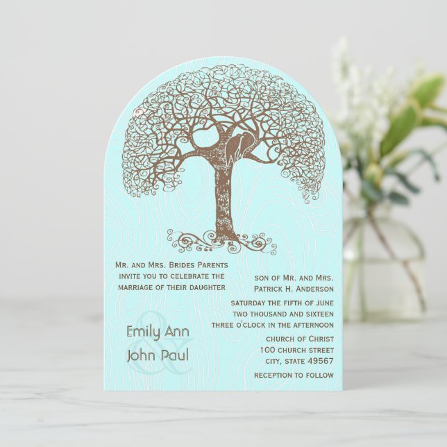 Brawn Tree Love Bird Woodgrain Türkis Hochzeit Einladung (Stehend Vorderseite)