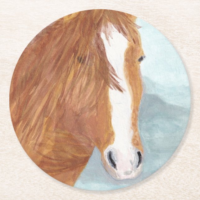 Brawn Wild Horse Blue Mountain Lake - Acryl. Runder Pappuntersetzer (Vorderseite)