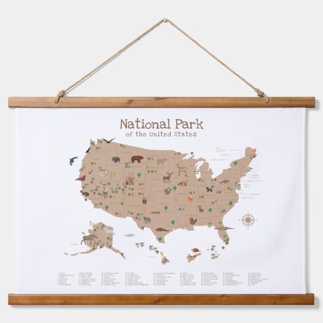 Brawn Woodland National Parks Map Kinderzimmer Dek Wandteppich Mit Holzrahmen (Vorne)