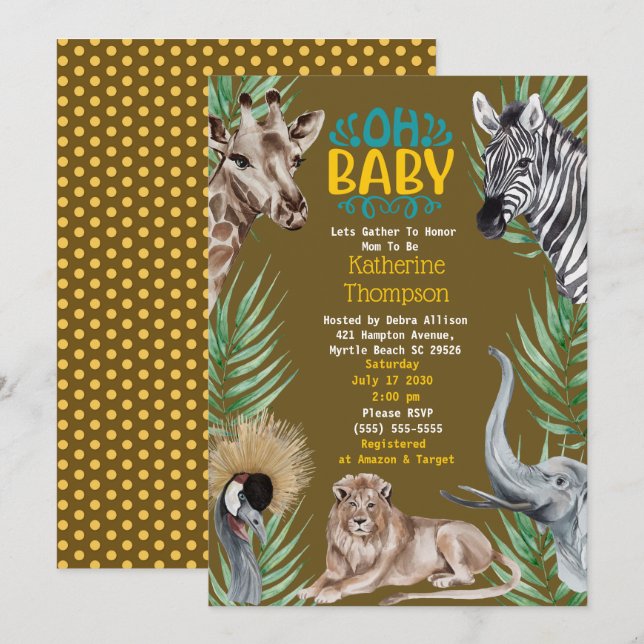 Brawn Yellow Safari Jungle Animals Baby Dusche Einladung (Vorne/Hinten)