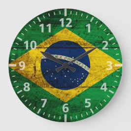 Brazil Flag on Old Wood Grain Große Wanduhr