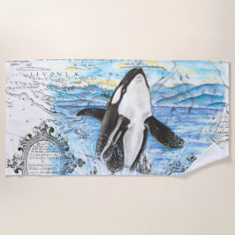 Breaching Orca Whale Alte Karte Strandtuch