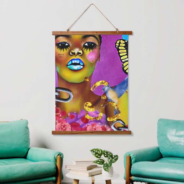Break Free American Woman Art Hanging Tape Wandteppich Mit Holzrahmen (Wohnzimmer)