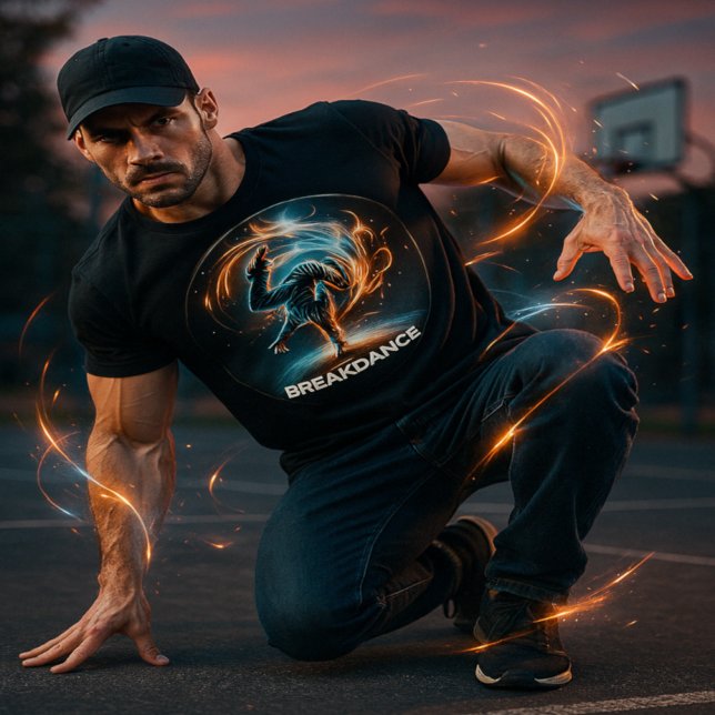 Breakdancer in Neon Swirl Spotlight Dynamische Sta T-Shirt (Von Creator hochgeladen)
