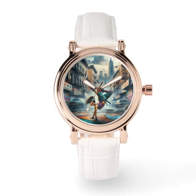 Breakdancer Women in Action New Yorker Silhouette Armbanduhr (Vorderseite)