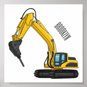 Breaker excavator cartoon illustration poster