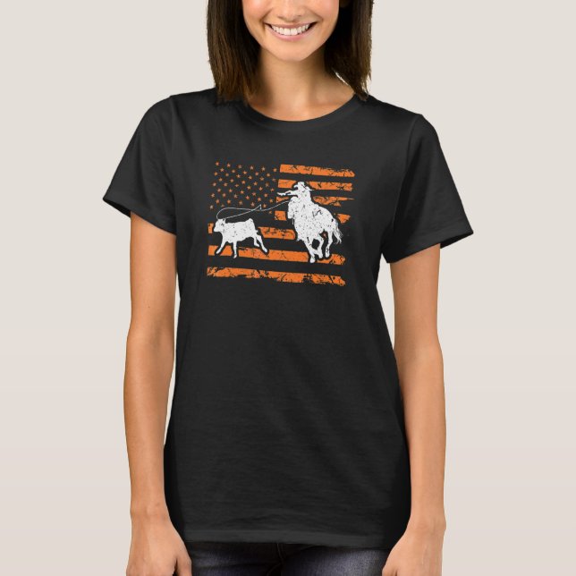 Breakfast Roping Cowgirl American Flag Rodeo Calf T-Shirt (Vorderseite)
