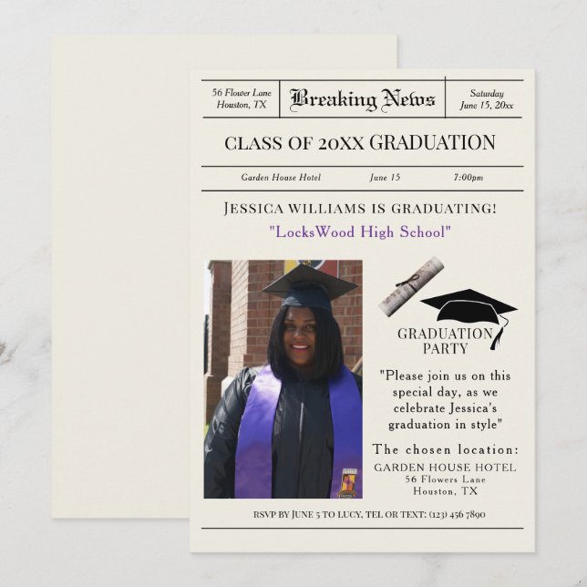 "Breaking News" Foto der Graduierungspartei Einladung (Vorne/Hinten)