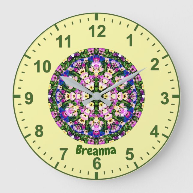 BREANNA ~ mehrfarbige Miniatur-Stiefmütterchen gel Große Wanduhr (Vorderseite)