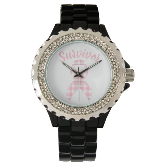 Breast Cancer Awareness Plaid Pink Ribbon Survivor Armbanduhr (Vorderseite)