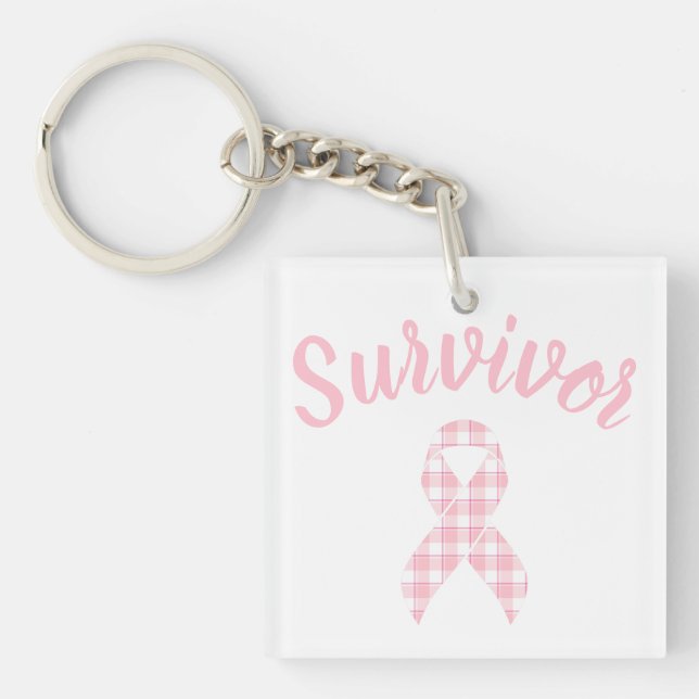 Breast Cancer Awareness Plaid Pink Ribbon Survivor Schlüsselanhänger (Vorderseite)