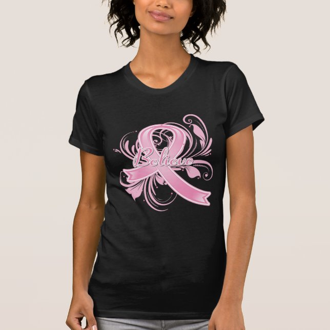 Breast Cancer Believe Flourish Ribbon T-Shirt (Vorderseite)