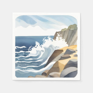 Brechende Wellen Felsige Küstenlinie Aquarell Serviette