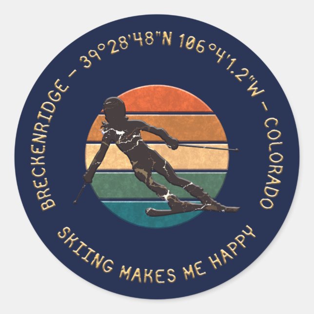 Breckenridge, Colorado - weiblicher Skier, Goldene Runder Aufkleber (Vorderseite)