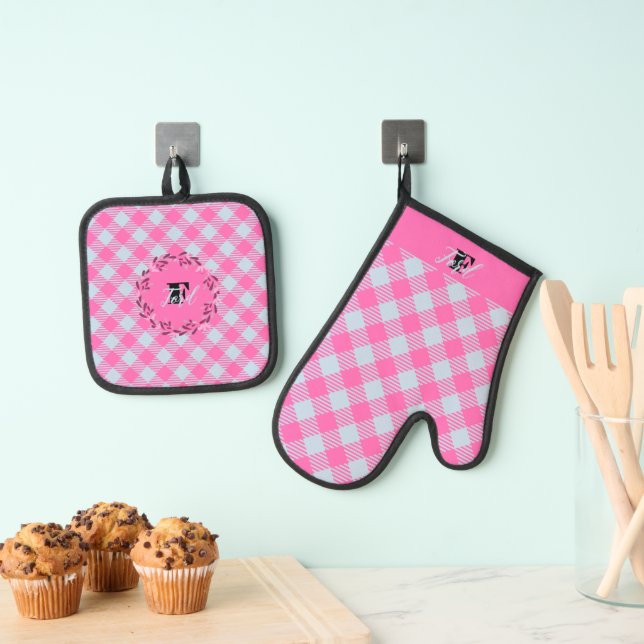 "Breezy Blue, Hot Pink" Gingham individuell anpass Ofenhandschuh & Topflappen-Set (Insitu (Hängend))